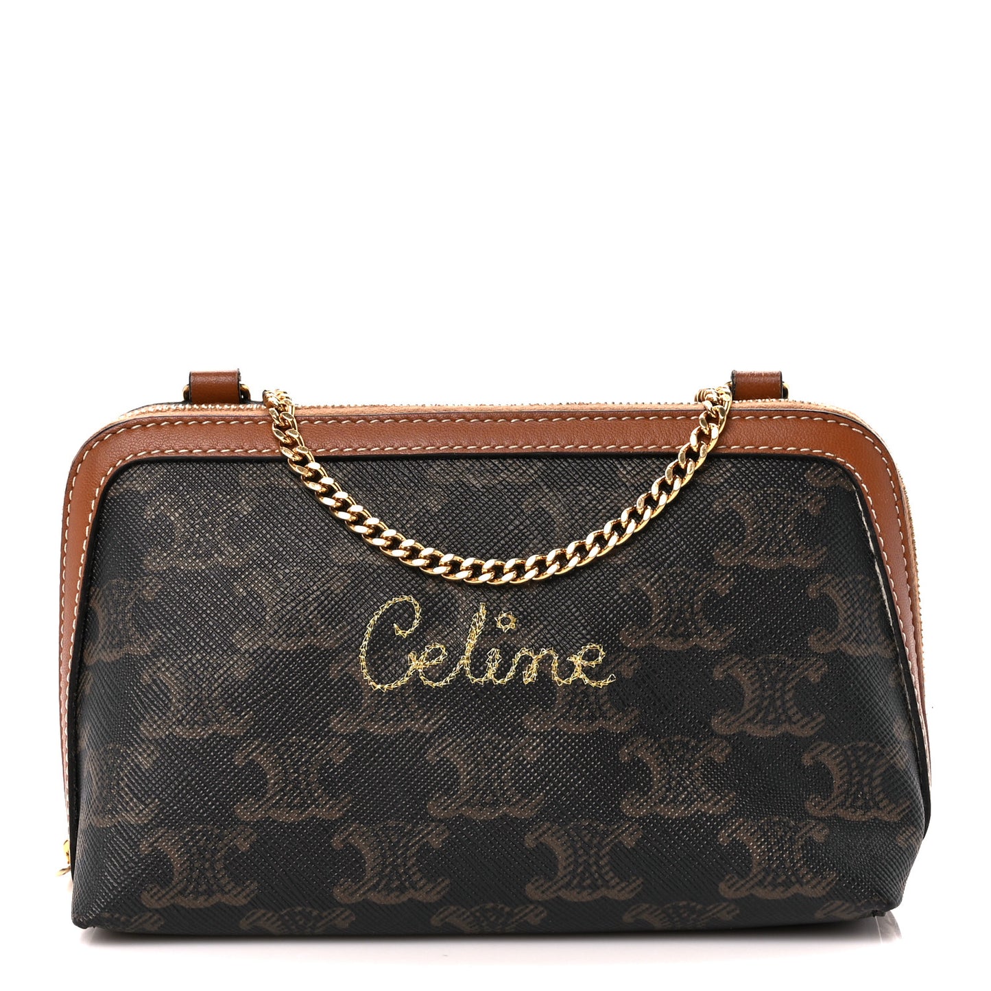 Lambskin Triomphe Canvas Embroidered Logo Clutch With Chain Tan