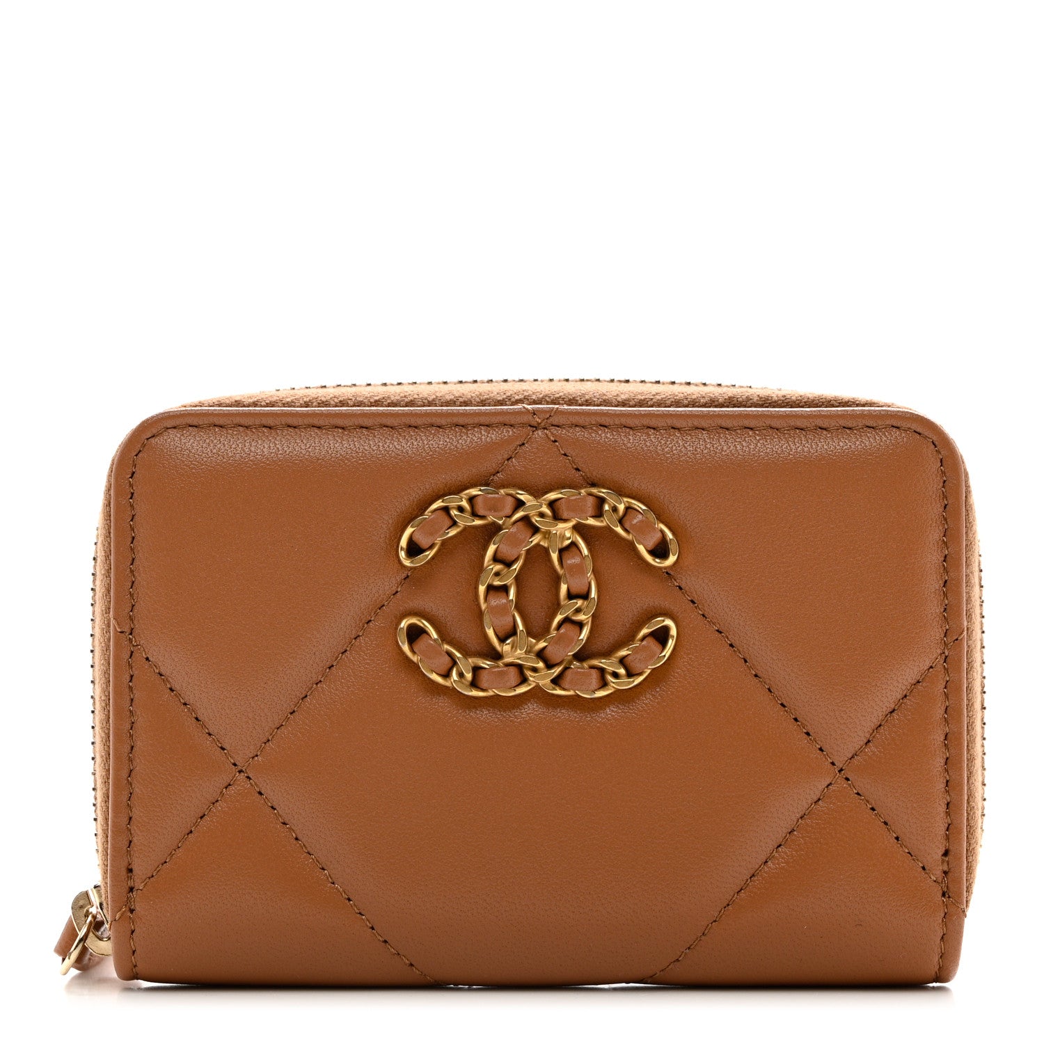 Chanel Lambskin Quilted Chanel 19 Zip Around Coin Purse Wallet Brown 1 of 8