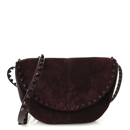 Valentino Garavani Suede Calfskin Rockstud Halfmoon Saddle Bag Rubin 1 of 9