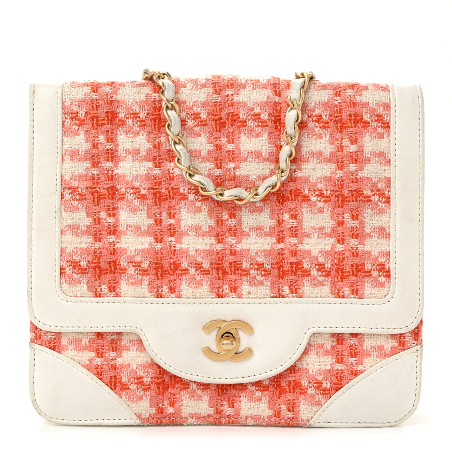 Tweed Calfskin Square Flap Bag Orange White