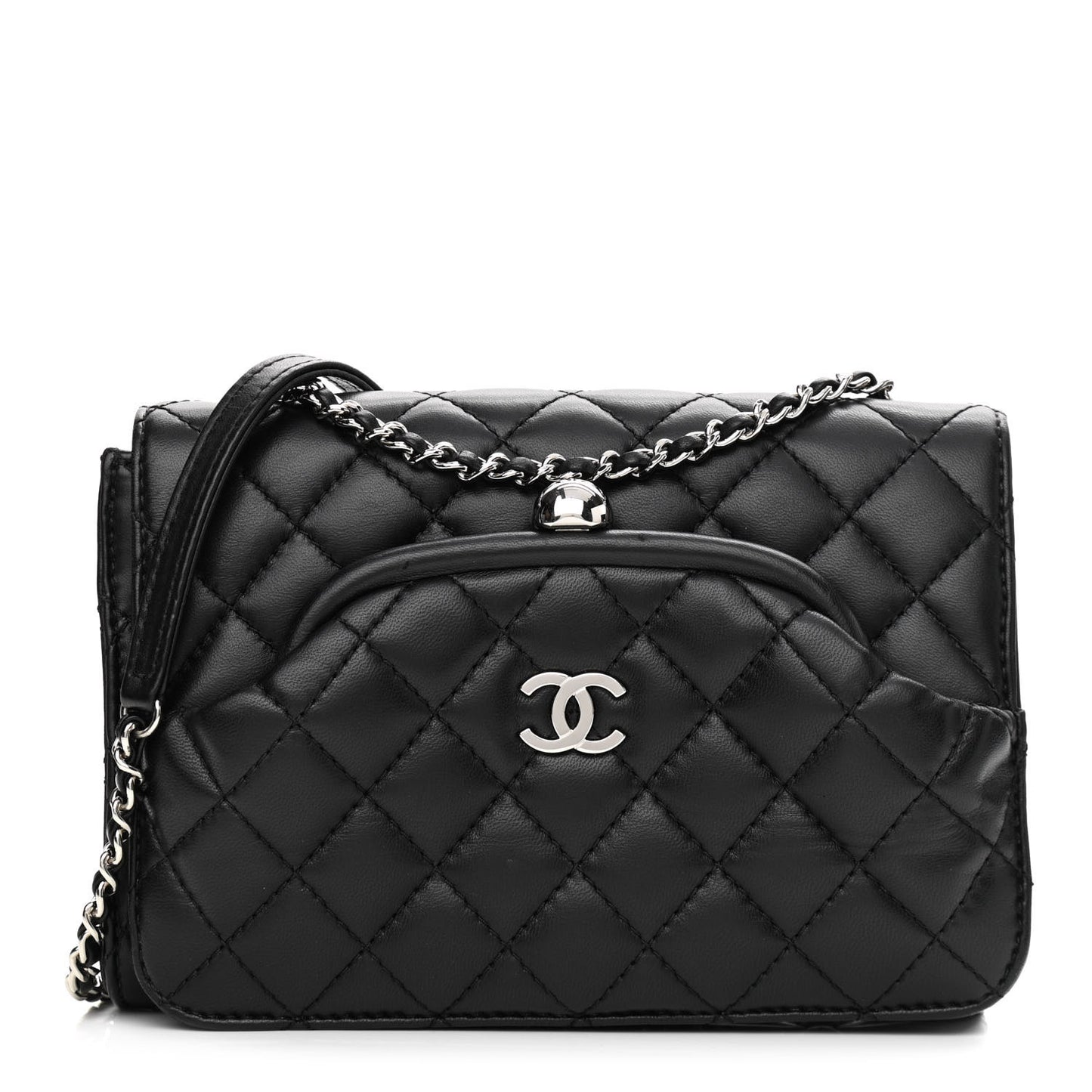 Lambskin Quilted Kiss Lock Flap Bag Black