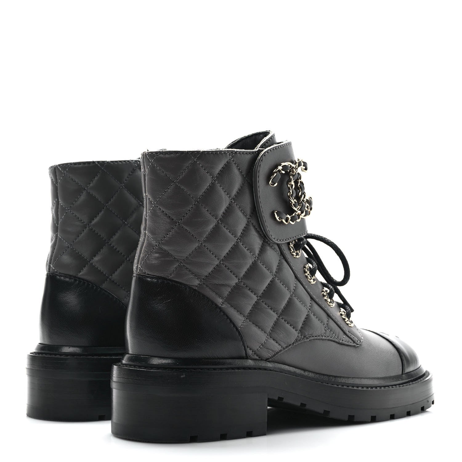 Chanel Shiny Lambskin Quilted Lace Up Combat Boots 36 Grey Black 4 of 11