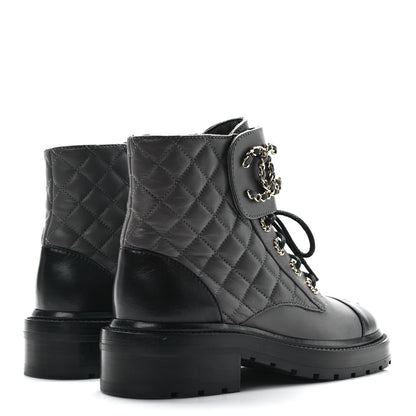 Chanel Shiny Lambskin Quilted Lace Up Combat Boots 36 Grey Black 4 of 11