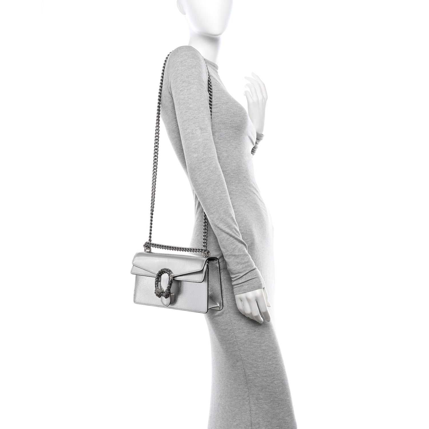 Gucci Metallic Textured Calfskin Crystal Small Dionysus Shoulder Bag Silver 2 of 13