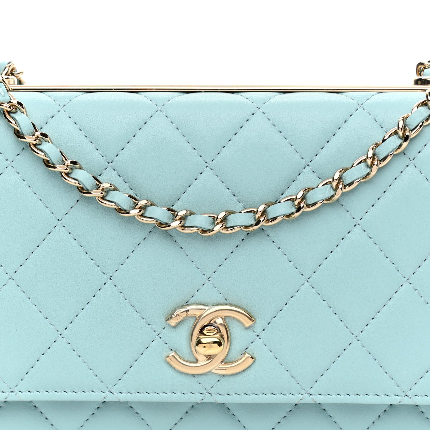 Lambskin Quilted Trendy CC Wallet On Chain WOC Light Blue