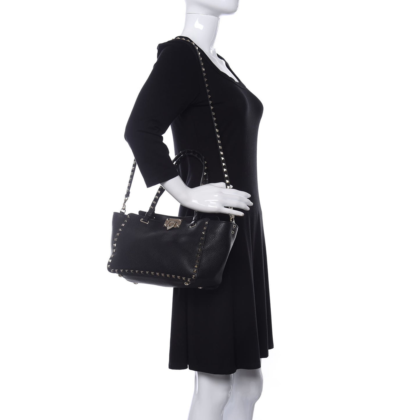 Grained Calfskin Small Rockstud Tote Black