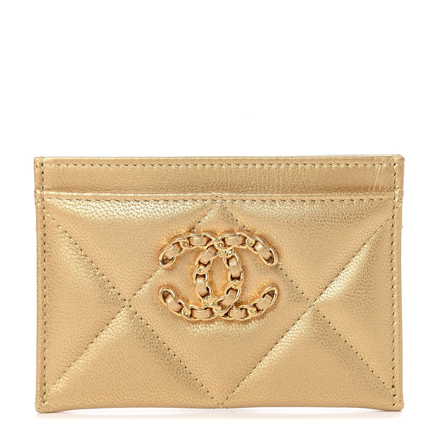 Metallic Goatskin Quilted Chanel 19 Card Holder Gold