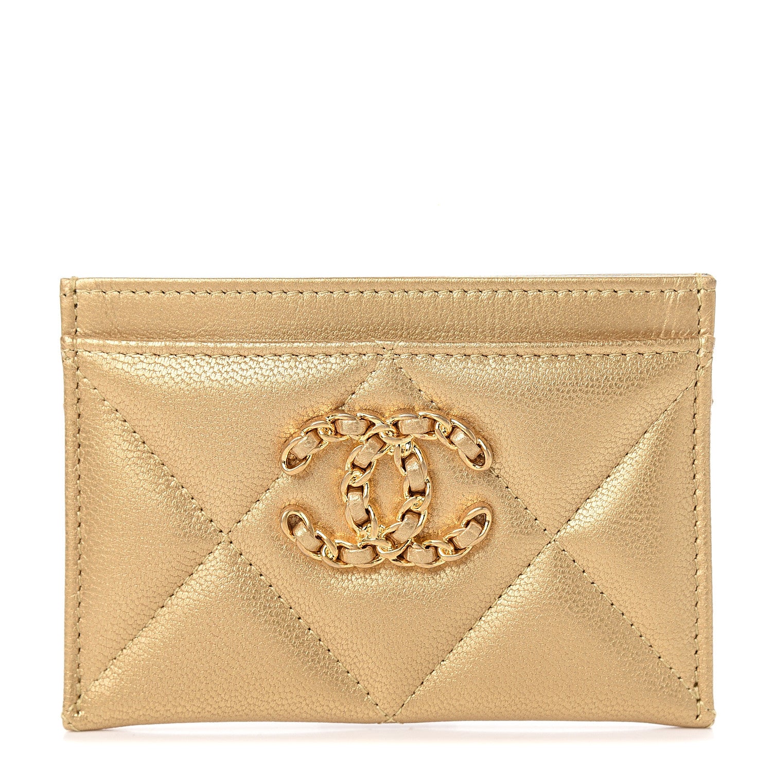 Chanel Metallic Goatskin Quilted Chanel 19 Card Holder Gold 1 of 8