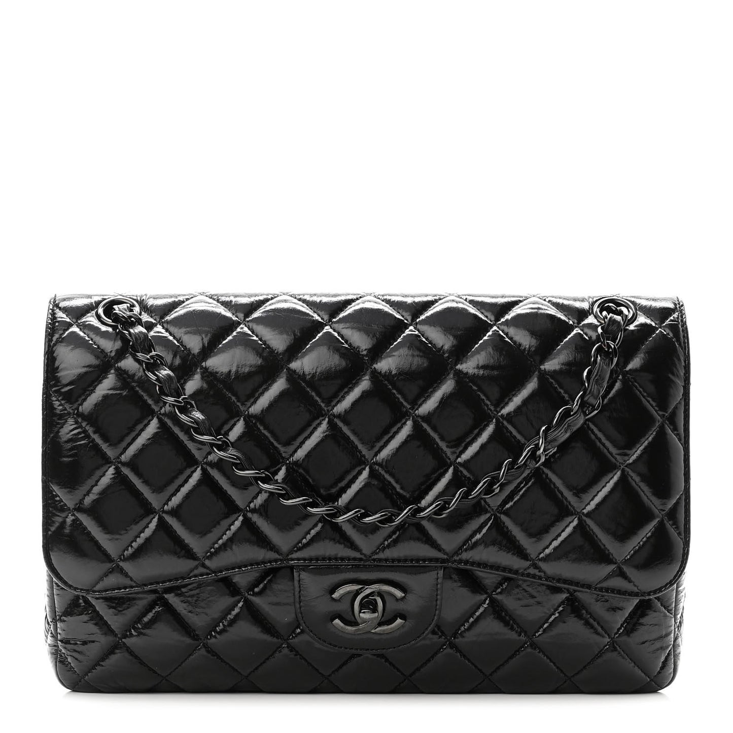 Shiny Distressed Calfskin Quilted Jumbo Double Flap So Black
