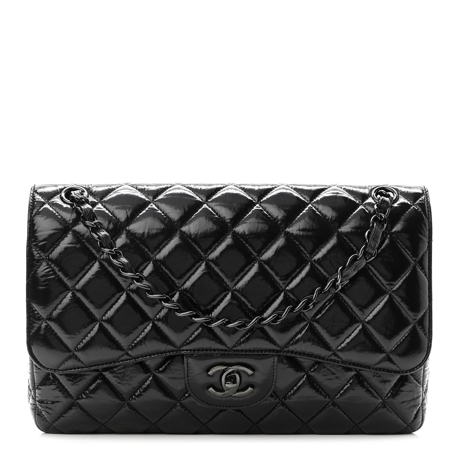 Chanel Shiny Distressed Calfskin Quilted Jumbo Double Flap So Black 1 of 10