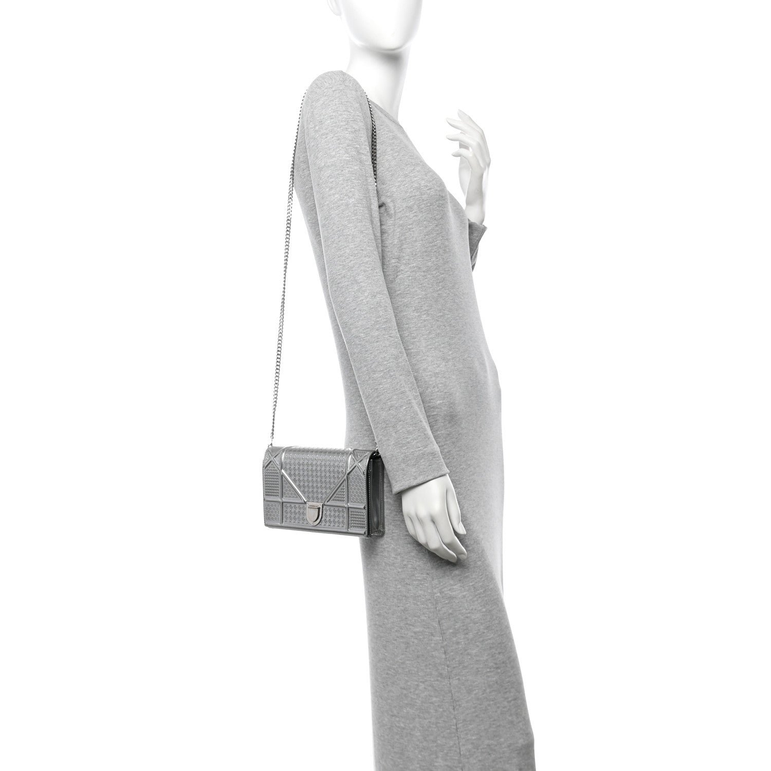 Christian Dior Metallic Patent Micro-Cannage Diorama Wallet on Chain Pouch Silver 2 of 10