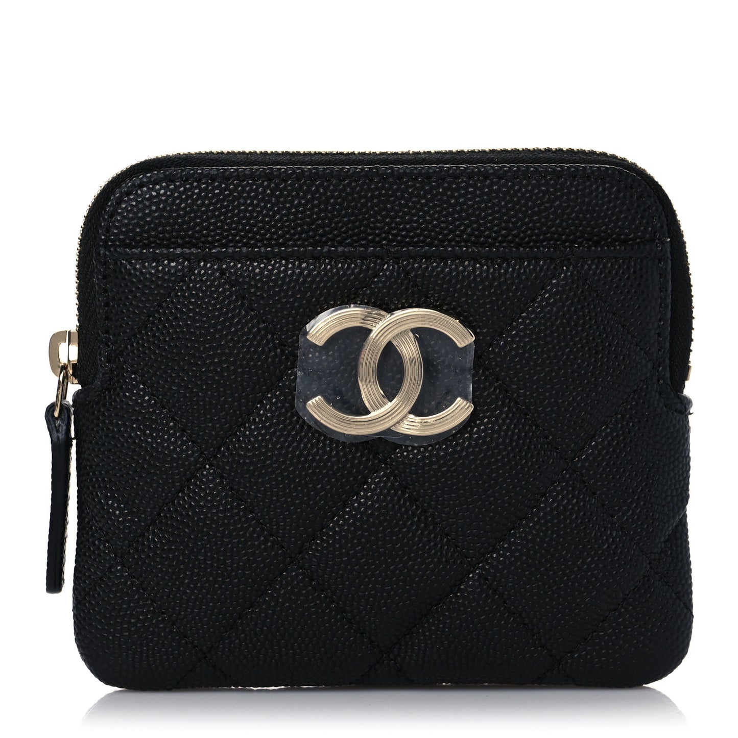 Caviar Metal Quilted Striated Zip Card Holder Wallet Black