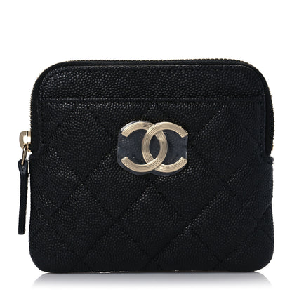 Chanel Caviar Metal Quilted Striated Zip Card Holder Wallet Black 1 of 9