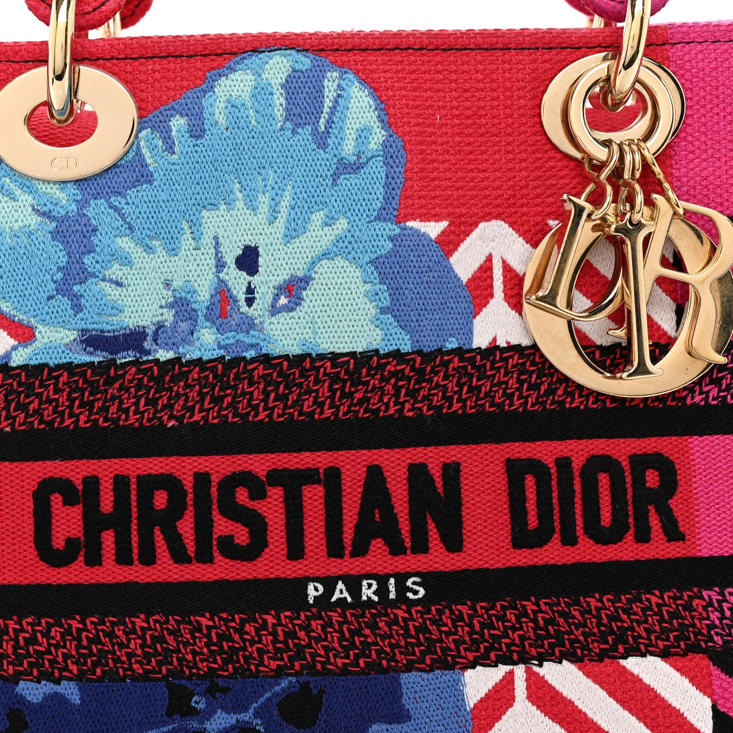 Christian Dior Canvas Embroidered Flower Pop Medium Lady D-Lite Red Pink 7 of 10