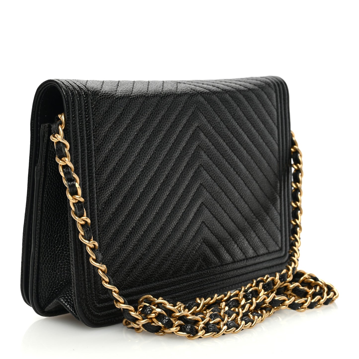 Caviar Chevron Quilted Boy Wallet On Chain WOC Black