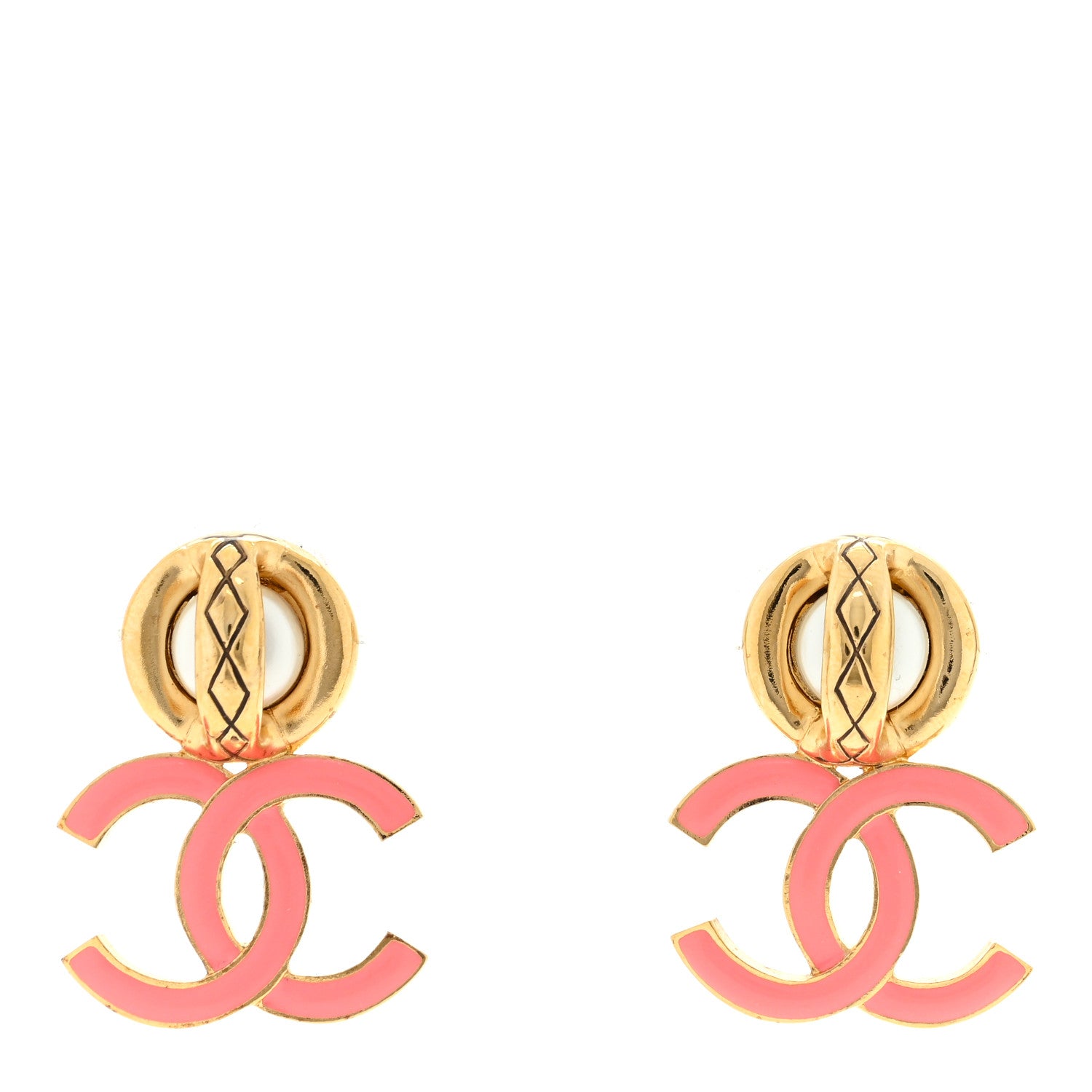 Chanel Metal Enamel Pearl CC Drop Earrings Gold Pink 1 of 4