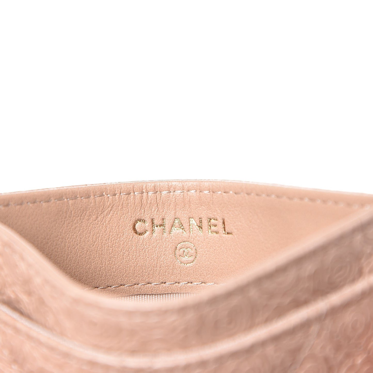 Camellia Calfskin Embossed Quilted Card Holder Beige