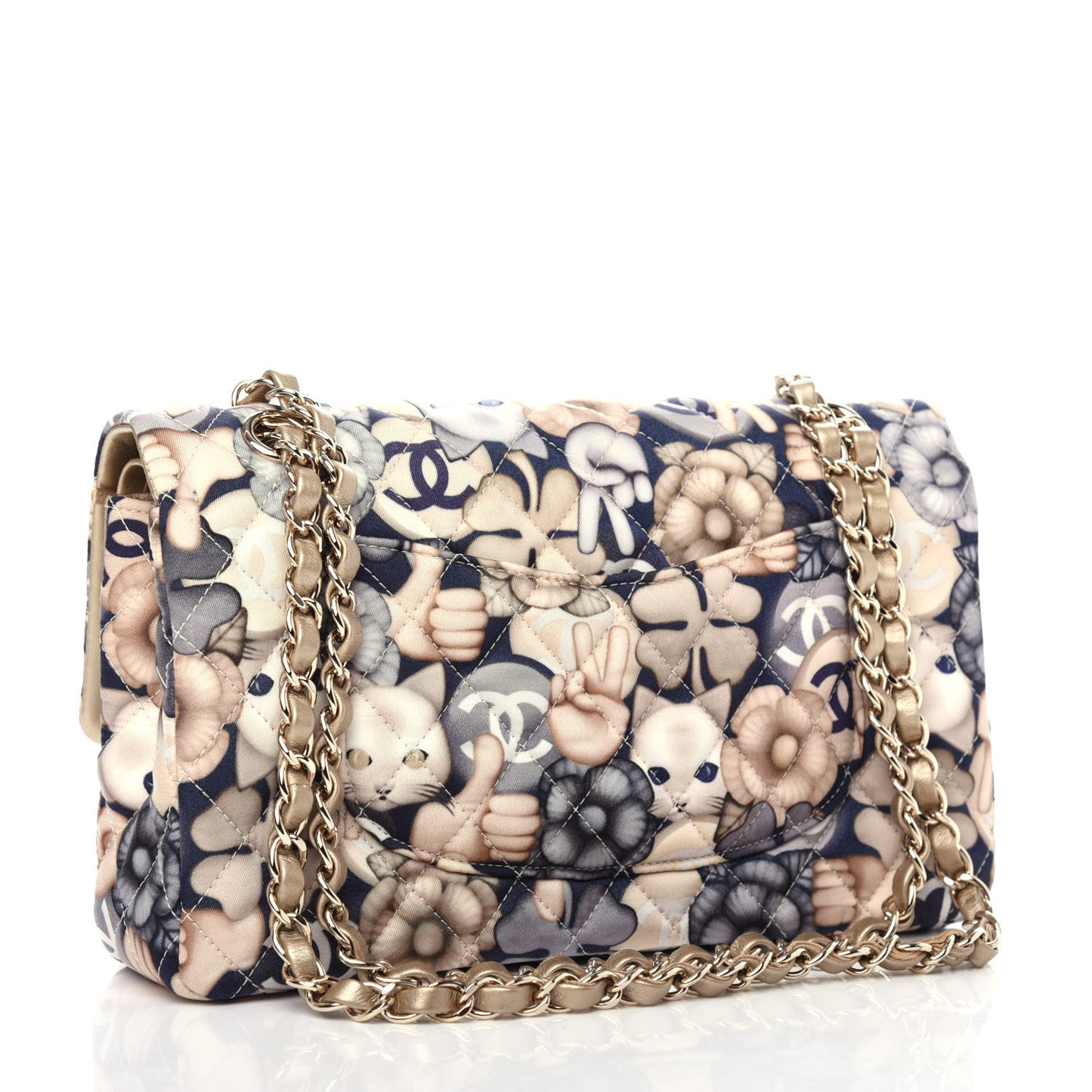Nylon Quilted Medium Cat Emoticon Double Flap Navy Gold