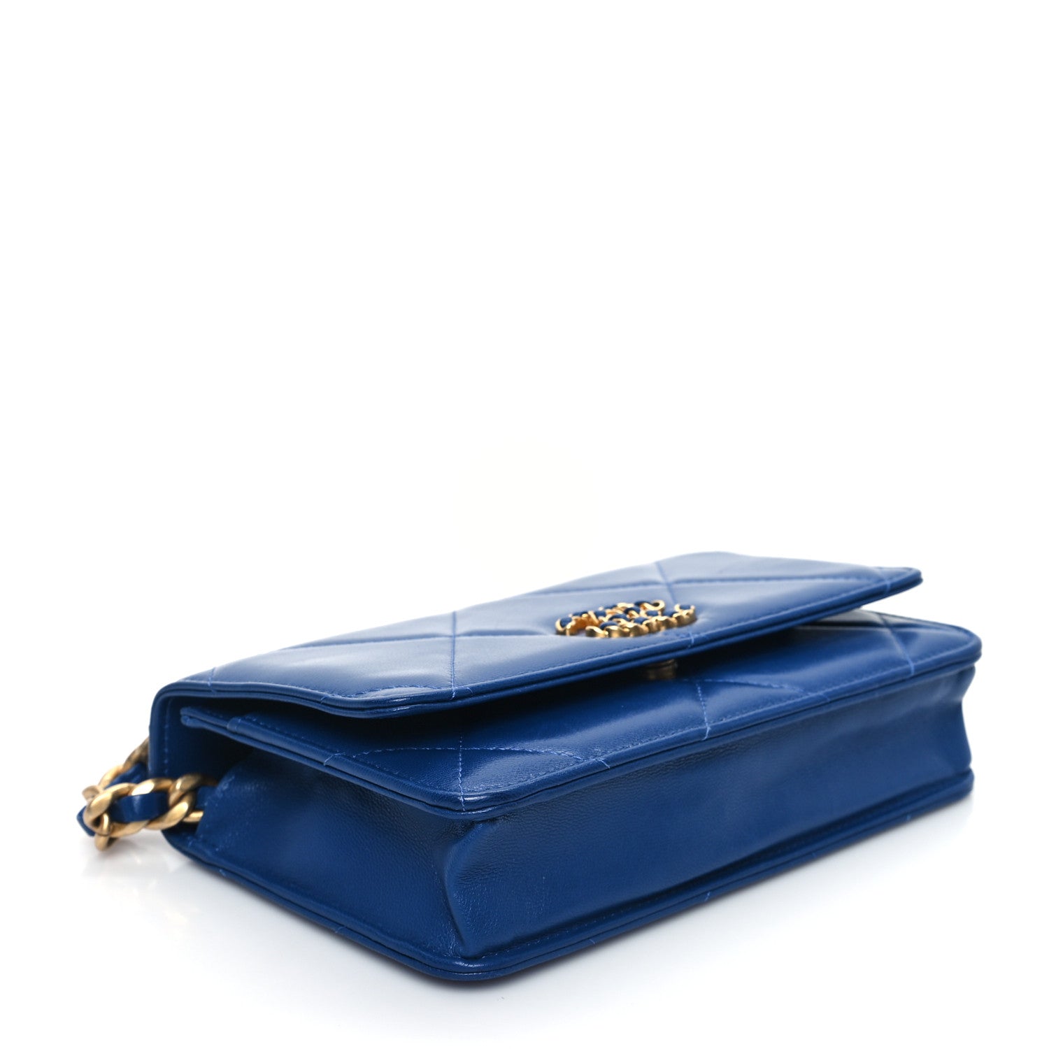 Chanel Shiny Goatskin Quilted Chanel 19 Wallet On Chain WOC Blue
