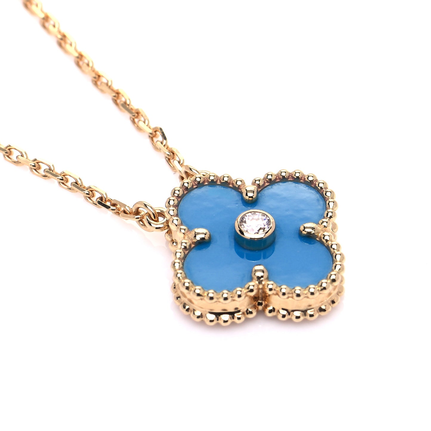 18K Yellow Gold Diamond Celestial Blue Sevres Porcelain Vintage Alhambra Pendant Necklace