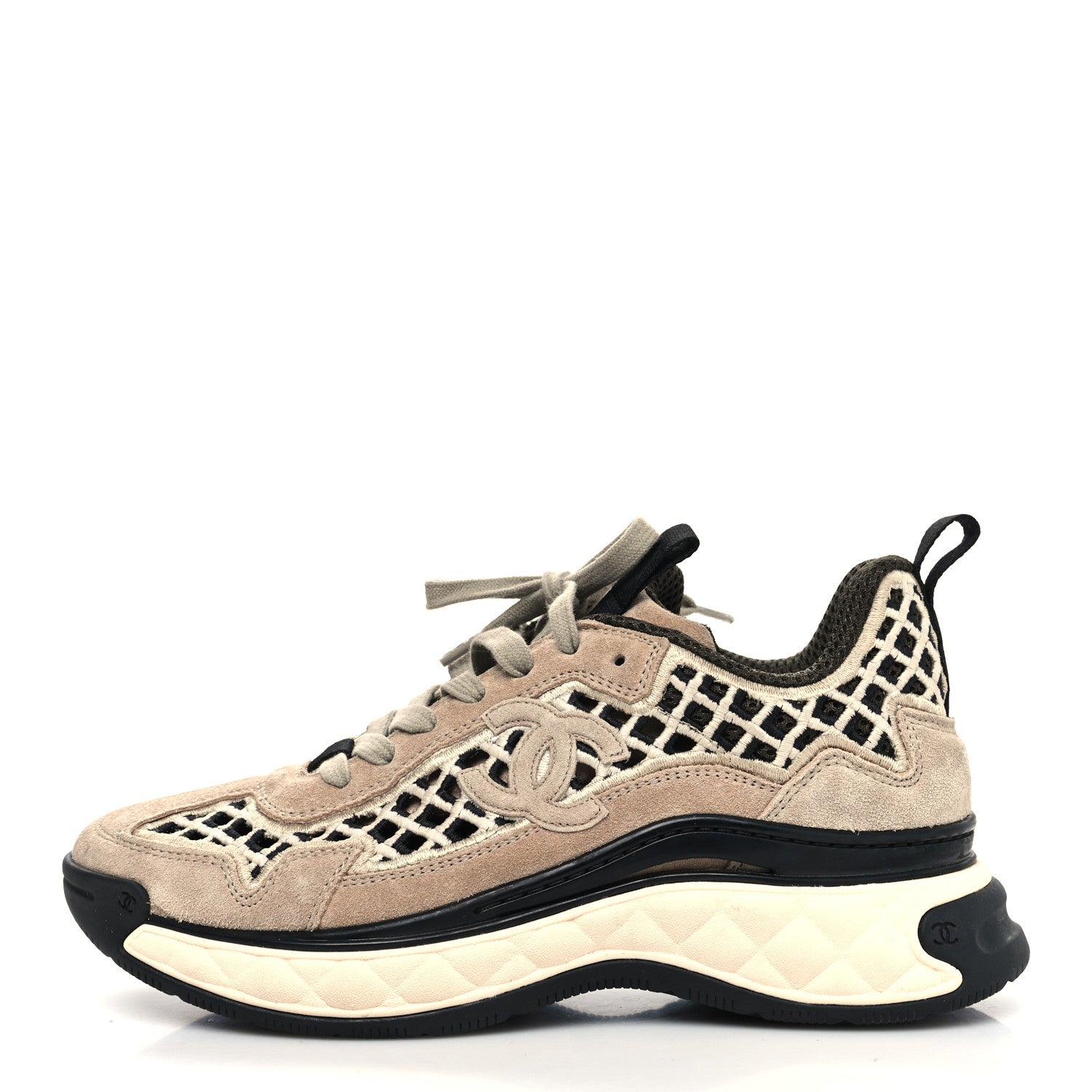 Chanel Suede Calfskin Embroidered CC Sneakers 37.5 Beige Black 1 of 8