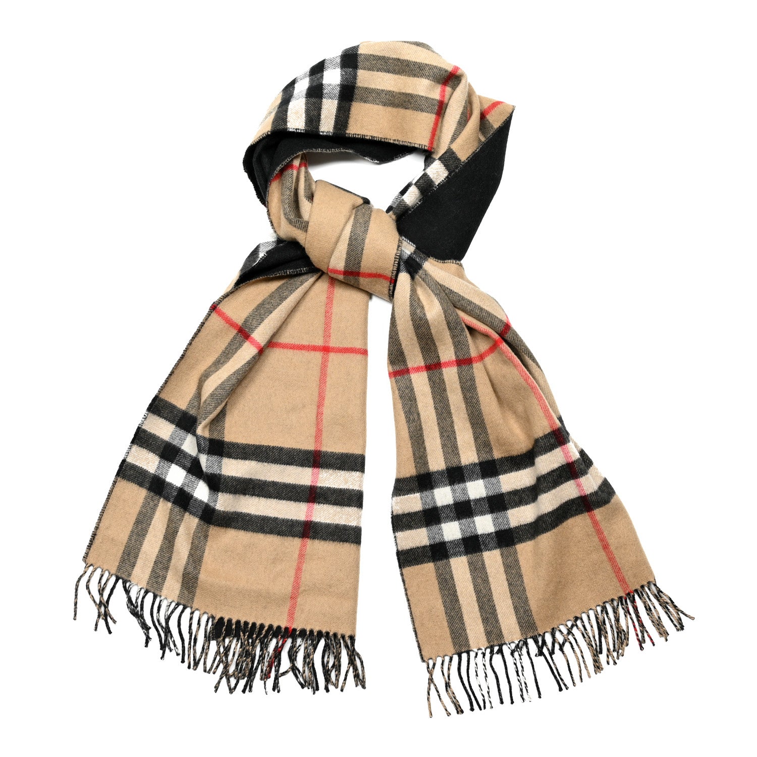Burberry Cashmere Stripe and Check Reversible Scarf Black Beige 1 of 7