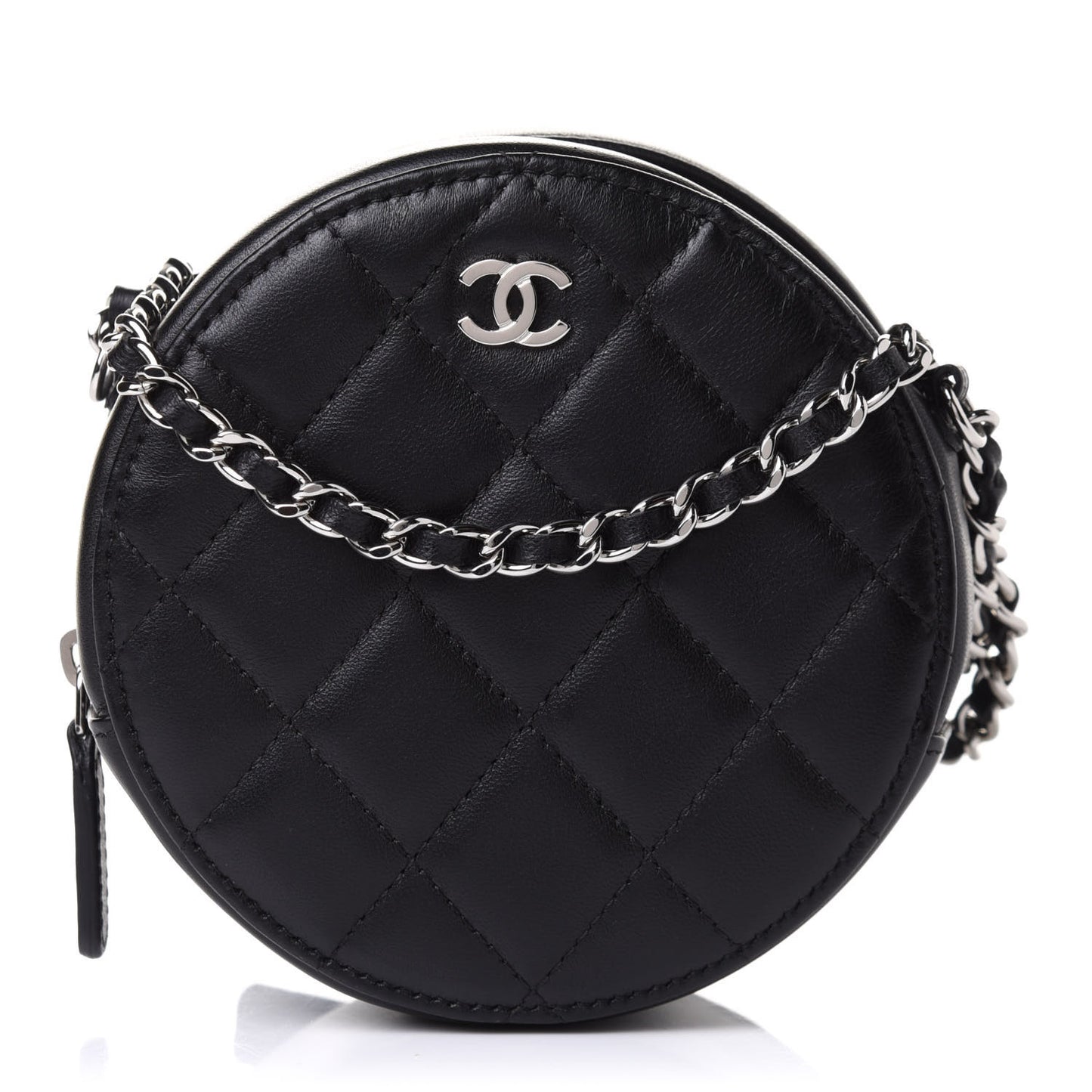Lambskin Quilted Round Clutch With Chain Black