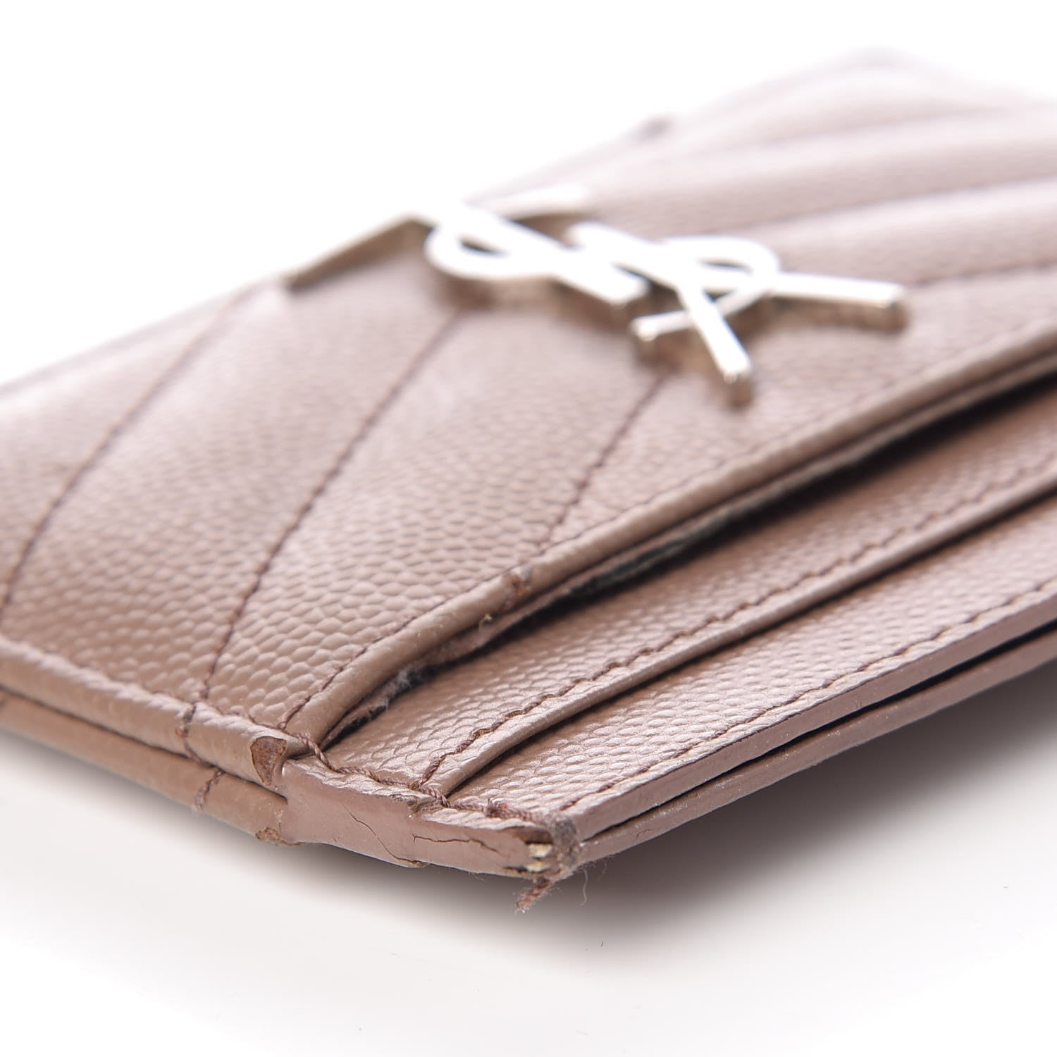 Saint Laurent Grain De Poudre Matelasse Chevron Monogram Credit Card Case Dark Beige 10 of 17