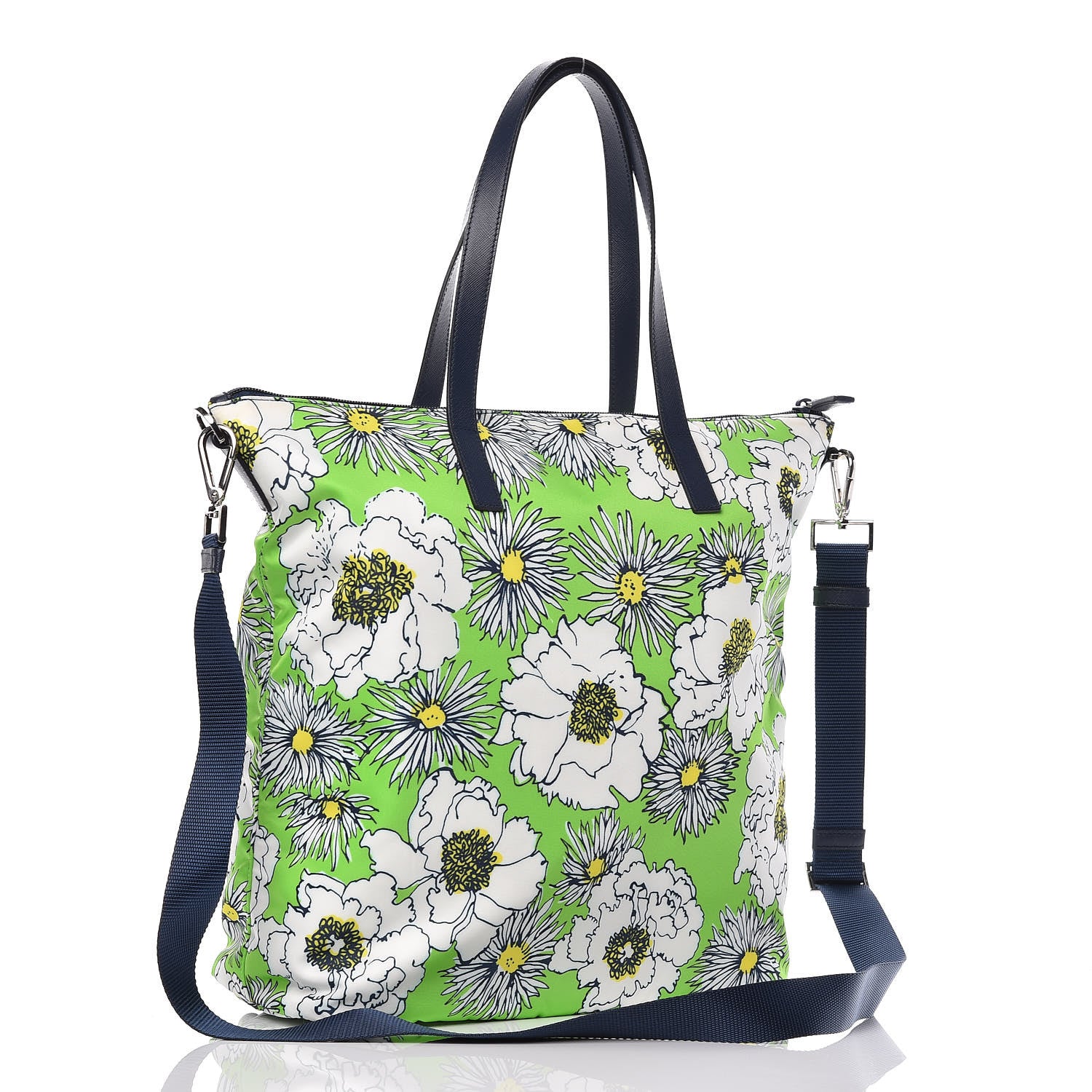 Prada Tessuto Nylon Saffiano Floral Print Tote Green 3 of 10