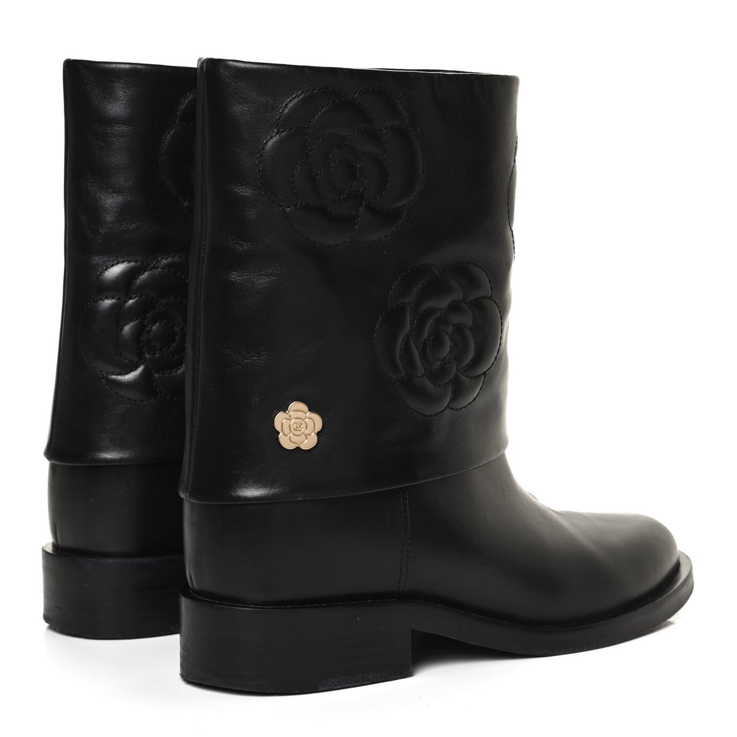 Calfskin Camellia Short Boots 38 Black