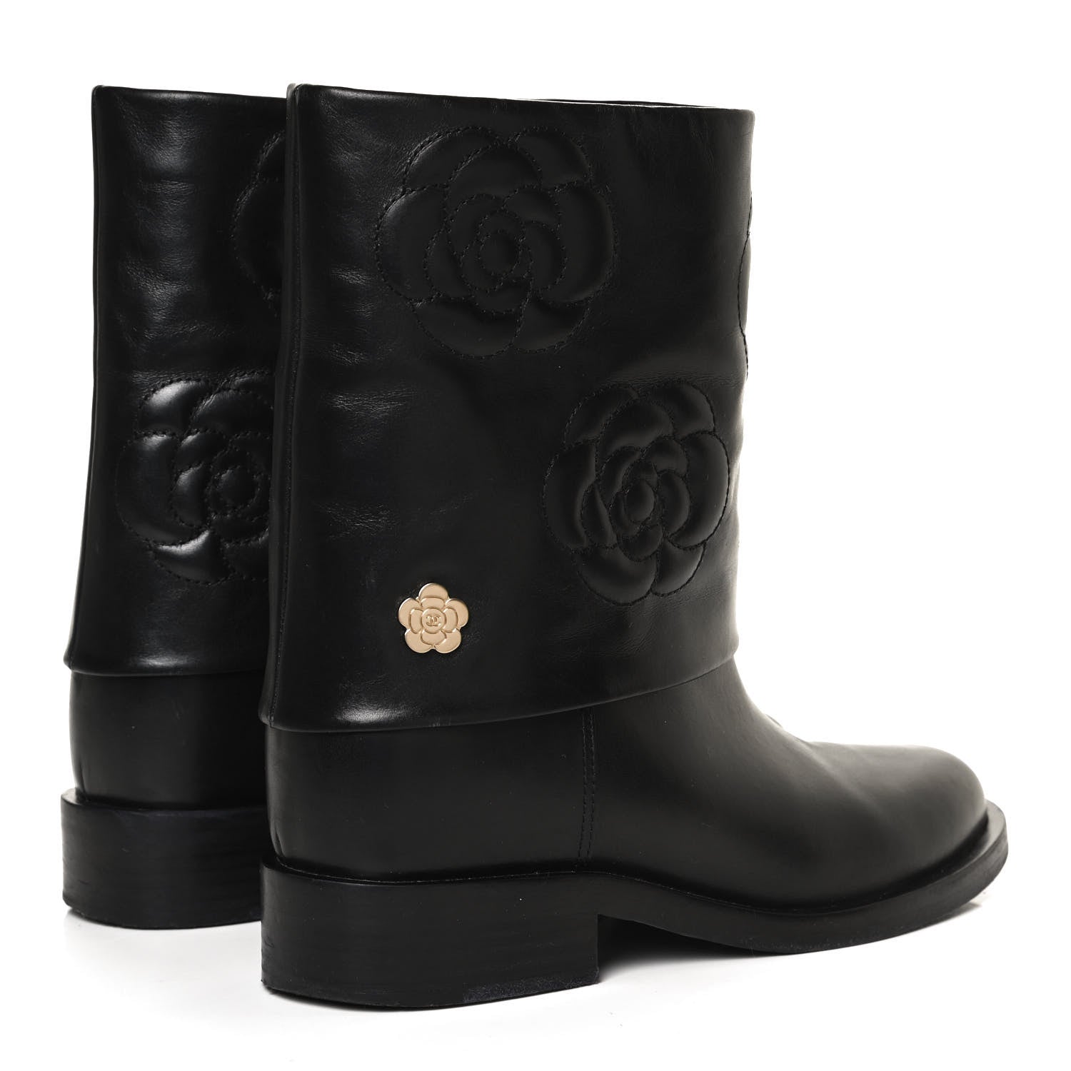 Chanel Calfskin Camellia Short Boots 38 Black 4 of 13