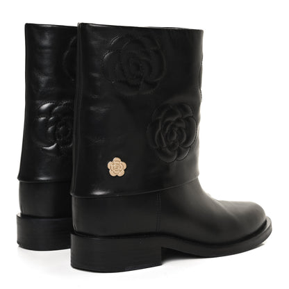 Chanel Calfskin Camellia Short Boots 38 Black 4 of 13