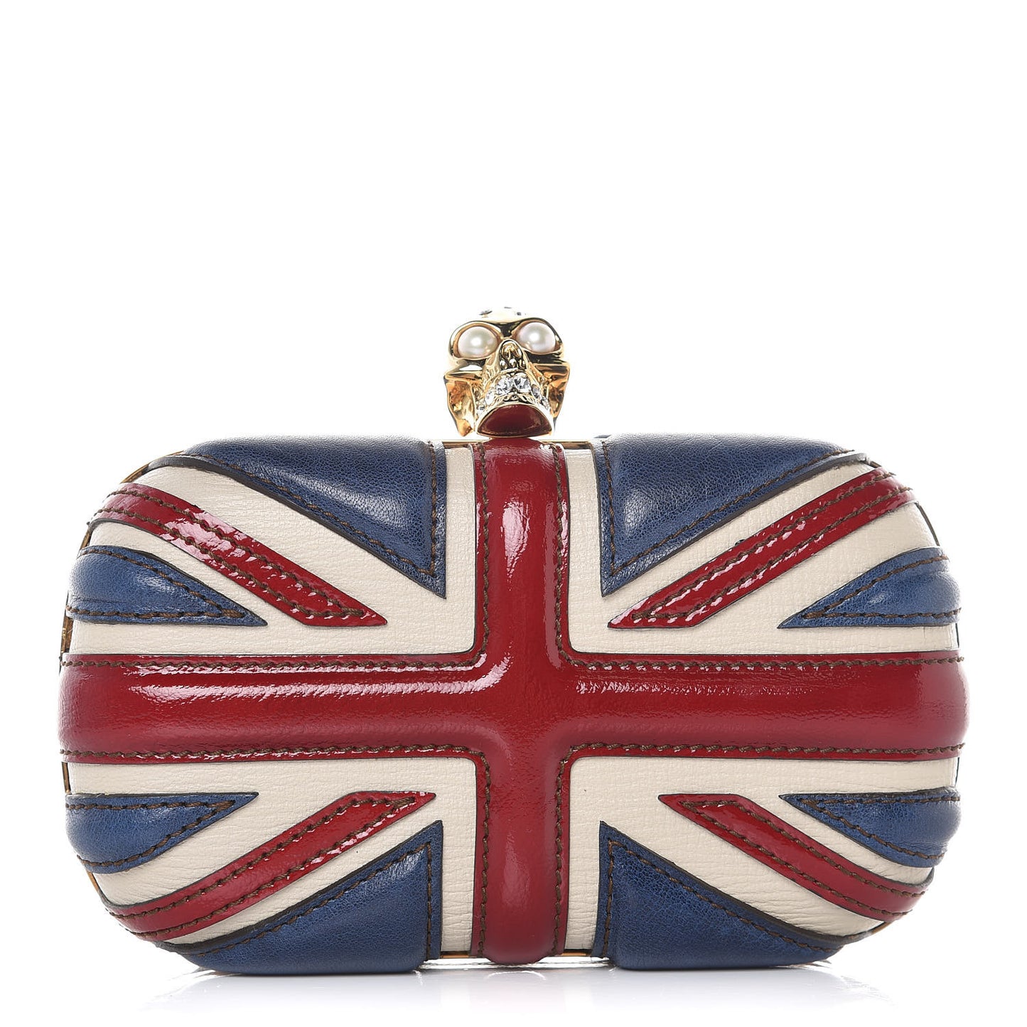 Patent Calfskin Britannia Skull Box Clutch Red Blue