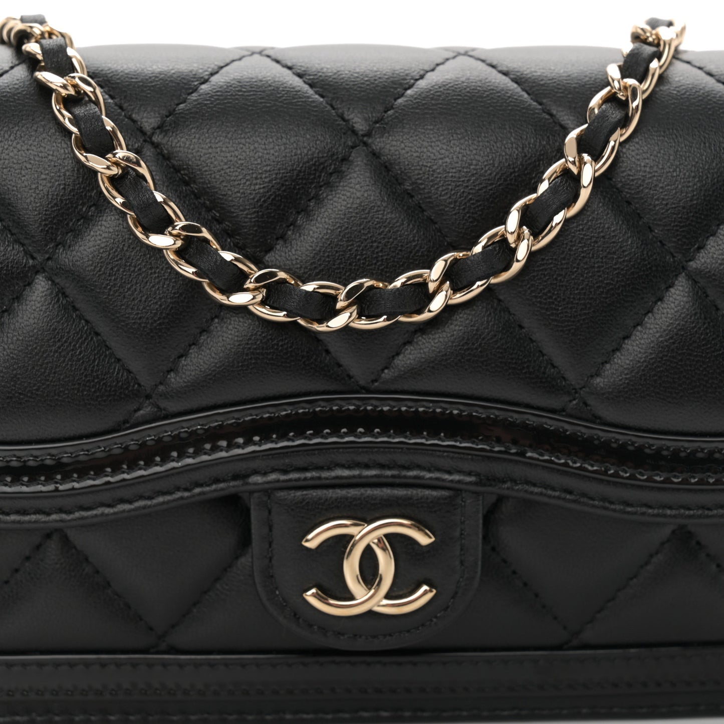 Lambskin Patent Calfskin Quilted Flap Phone Holder With Chain Black