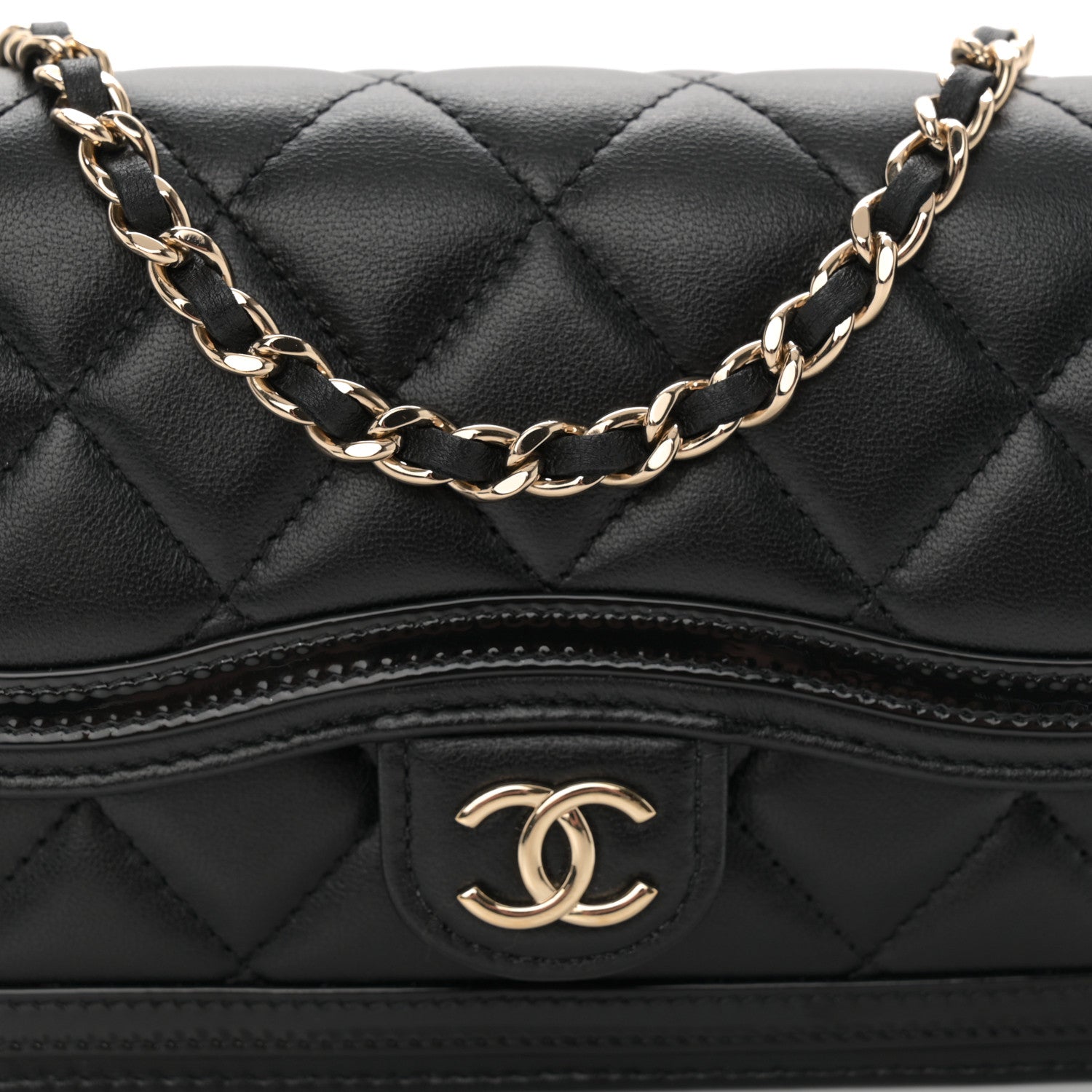 Chanel Lambskin Patent Calfskin Quilted Flap Phone Holder With Chain Black 9 of 11