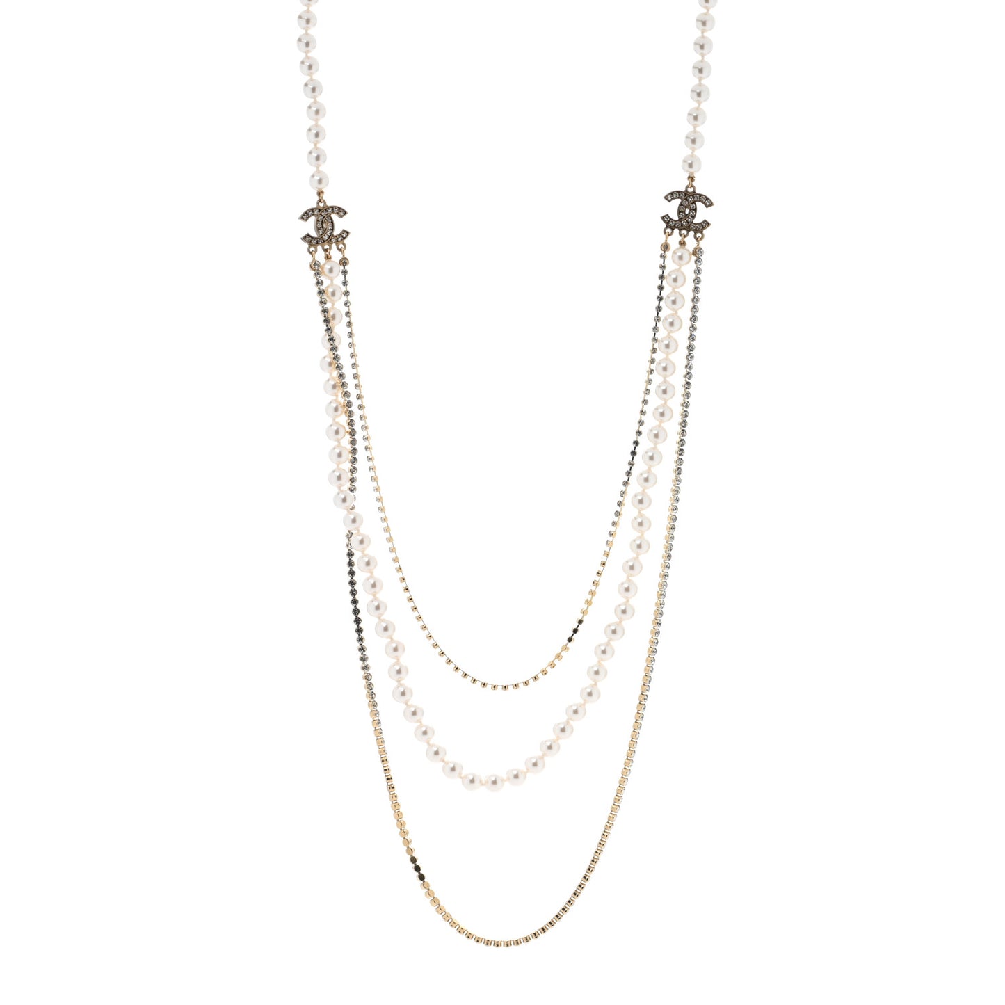 Pearl Crystal Multi Strand CC Long Necklace  Gold
