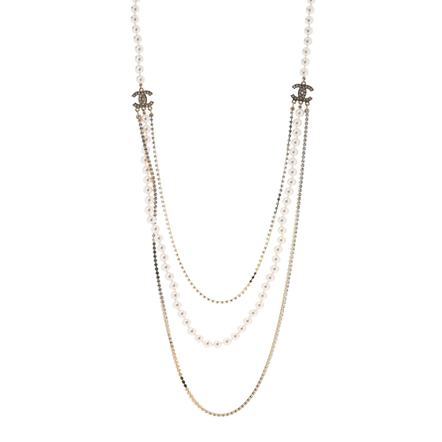 Chanel Pearl Crystal Multi Strand CC Long Necklace  Gold 1 of 5