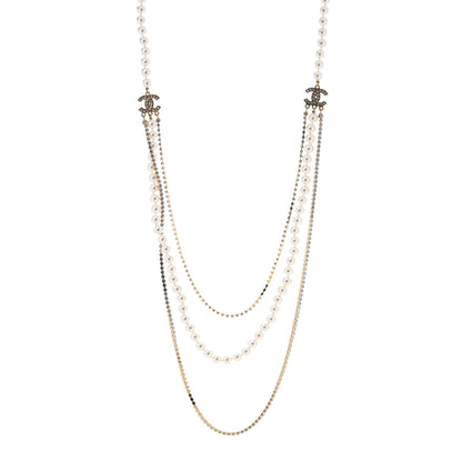 Chanel Pearl Crystal Multi Strand CC Long Necklace  Gold 1 of 5