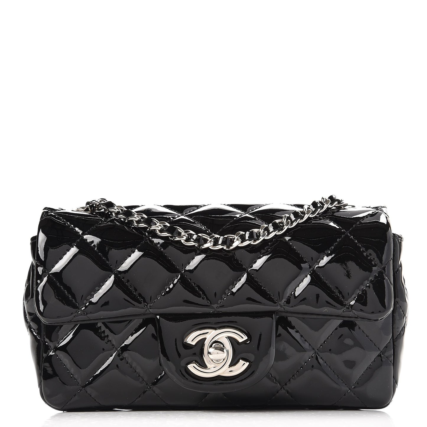 Patent Calfskin Quilted Mini Rectangular Flap Black