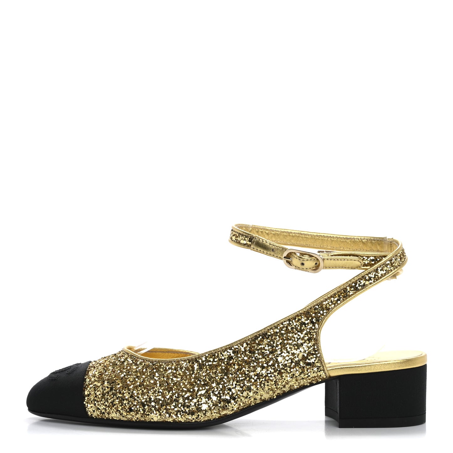 Glitter Grosgrain Cap Toe CC Slingback Pumps 37 Gold Black