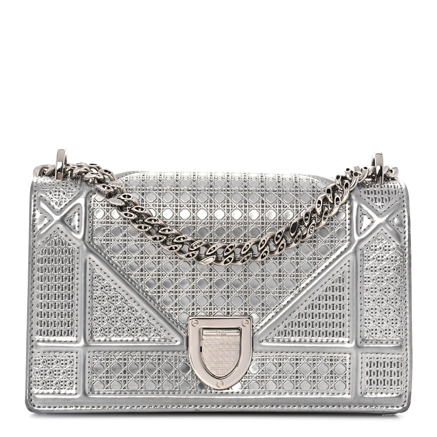 Metallic Patent Micro-Cannage Mini Diorama Flap Bag Silver