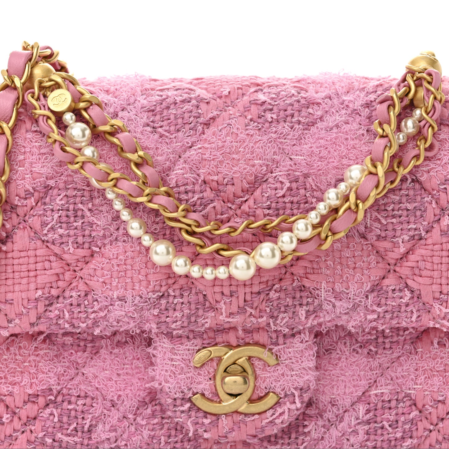 Tweed Quilted Pearl Twist Mini Square Flap Pink Dark Pink