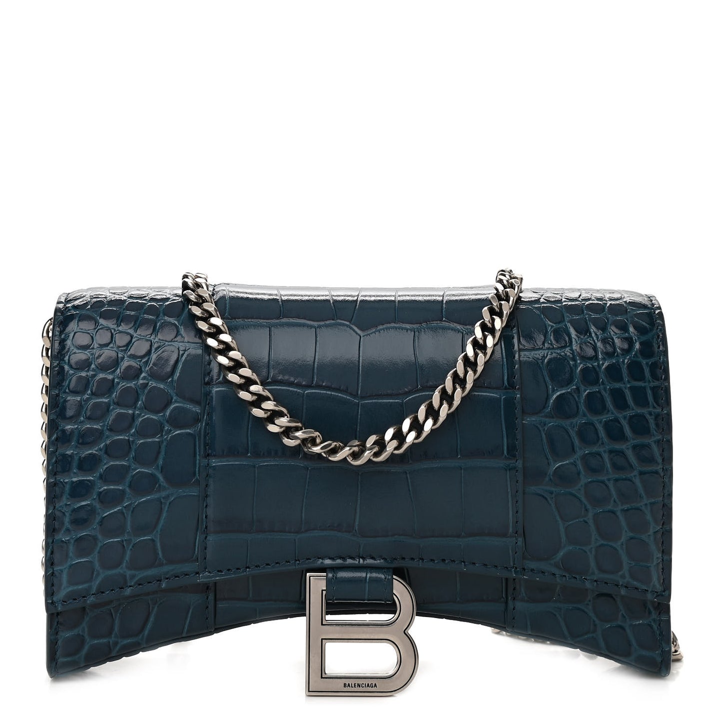 Shiny Calfskin Crocodile Embossed Hourglass Chain Bag Dark Petrol Blue