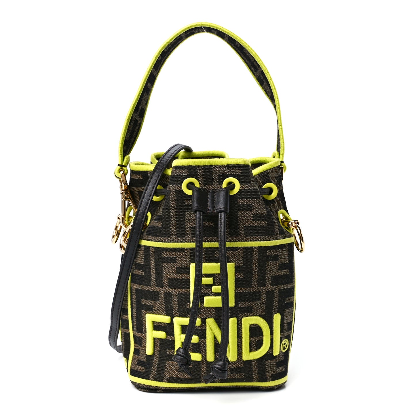 Fabric Jacquard Shiny Nappa FF 1974 Logo Threaded Edge Mini Mon Tresor Bucket Bag Tobacco Moro Giallo Fluo