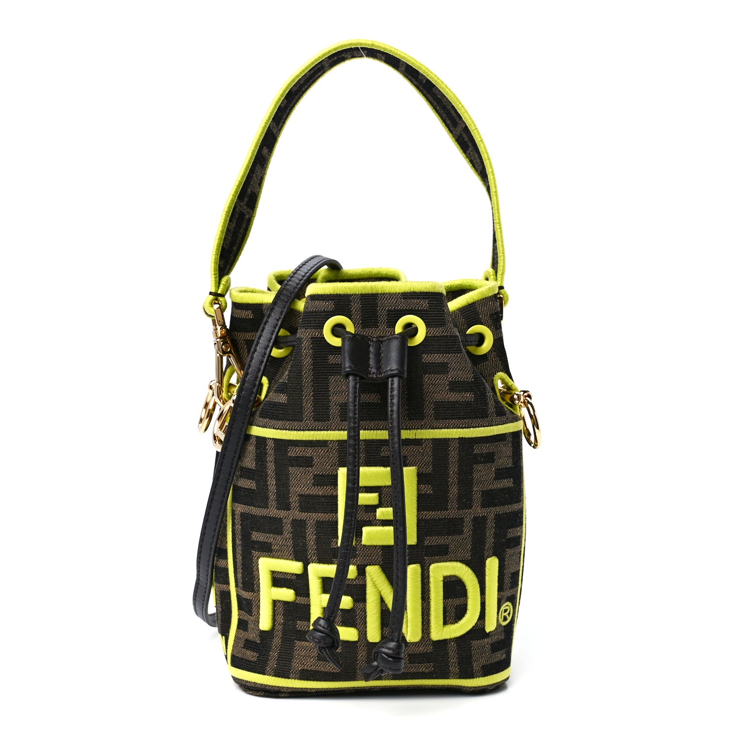 Fendi Fabric Jacquard Shiny Nappa FF 1974 Logo Threaded Edge Mini Mon Tresor Bucket Bag Tobacco Moro Giallo Fluo 1 of 12