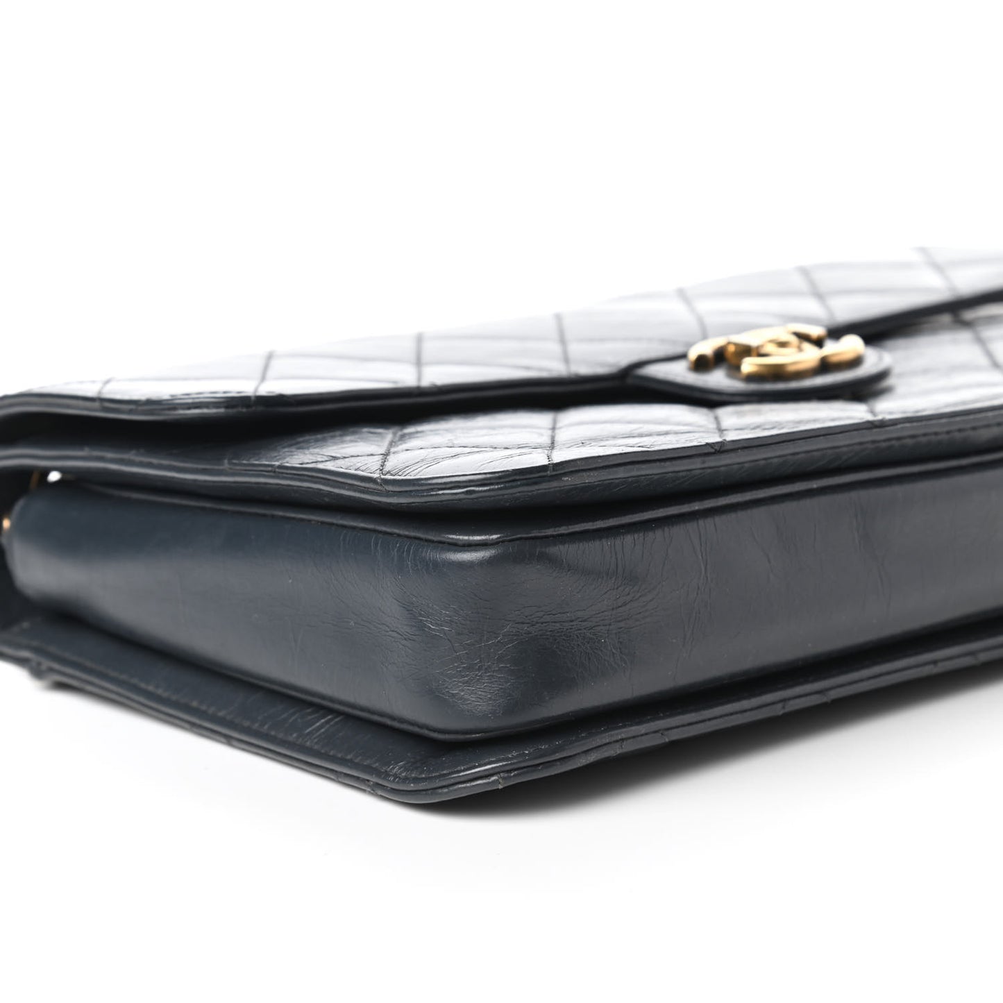 Glazed Calfskin Quilted Large Perfect Edge Flap Navy