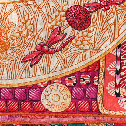 Hermes Cashmere Silk Parures De Samourais Shawl 140 Rose Indien Vert Corail 2 of 3
