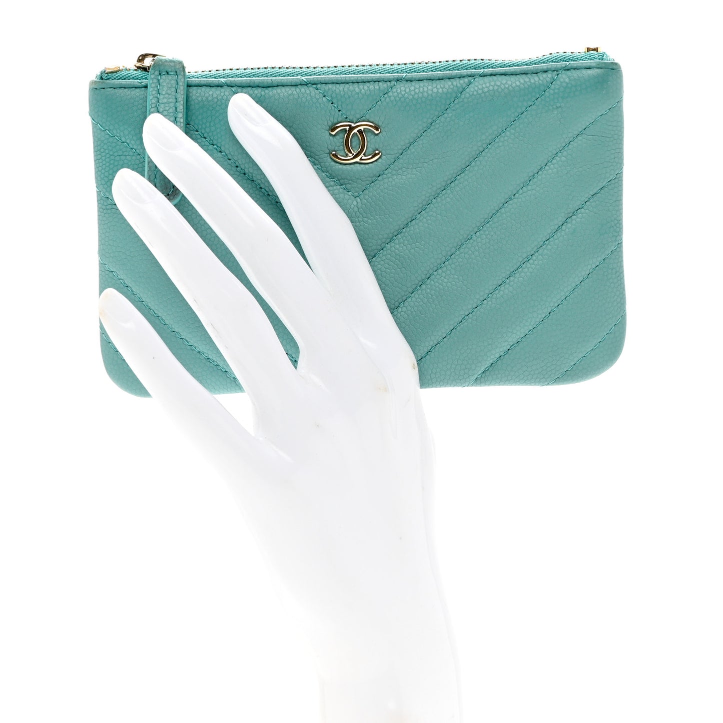 Caviar Chevron Quilted Small Cosmetic Case Light Blue