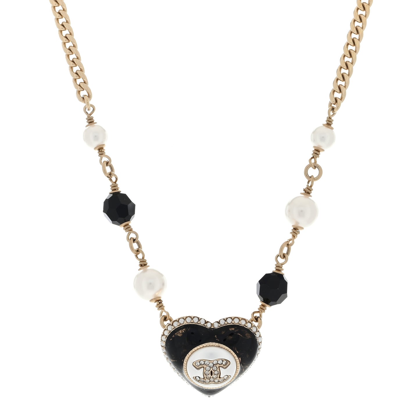 Pearl Beaded Resin Crystal CC Heart Choker Necklace Black Gold