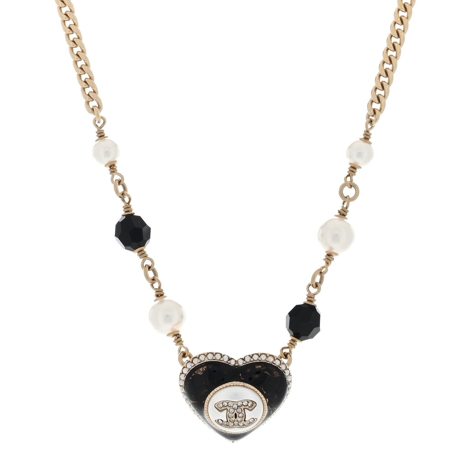 Chanel Pearl Beaded Resin Crystal CC Heart Choker Necklace Black Gold 1 of 3